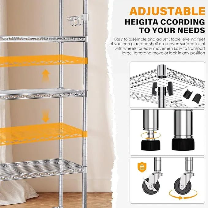 YNN Storage Shelves,1750Lbs 5 Tier Heavy Duty Metal Rolling Shelving Unit with Wheels & 8 Hooks, Adjustable Garage Wire Rack for Kitchen, Bathroom,Industrial,Pantry(36" W x 14" D x 72" H, Chrome) - ModernBath