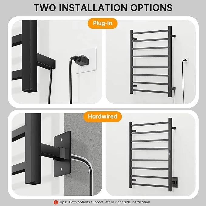 Towel Warmer Rack, Heated Towel Racks for Bathroom, Wall Mounted Towel Warmer, Stainless Steel 8-Bars Drying Rack with Intelligent Touch Screen Timer, Matte Black - ModernBath