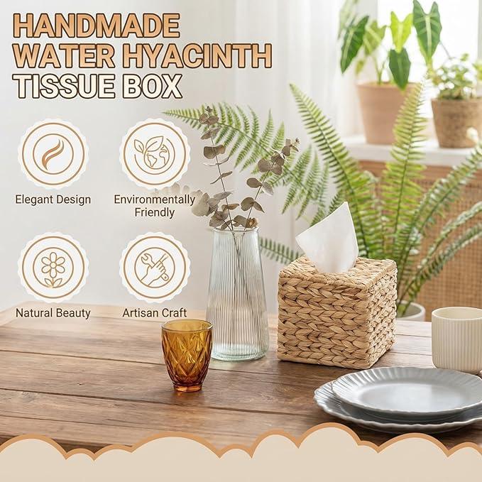 2 Pack Square Rattan Tissue Box Cover, Water Hyacinth Tissue Box Holder, Natural Hand Woven Wicker Tissue Holder for Bathroom, Kitchen, Living Room, Bedroom, Boho Decorative - ModernBath