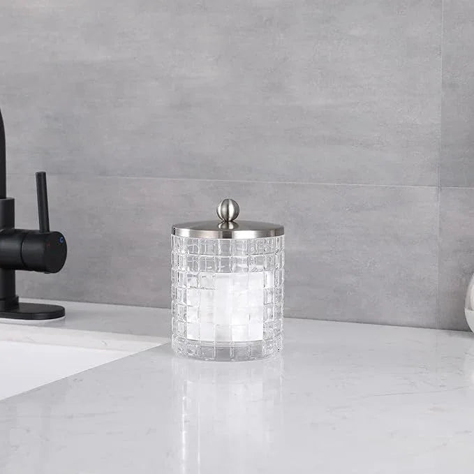 Indecor Home Clear transparent Apothecary Etched Geometric Grid Glass Jar W/Satin Nickel Metal Lid Cover for Bathroom Organization, Cotton Balls, Q Tips, and Small Accessories, Bathroom Storage - ModernBath