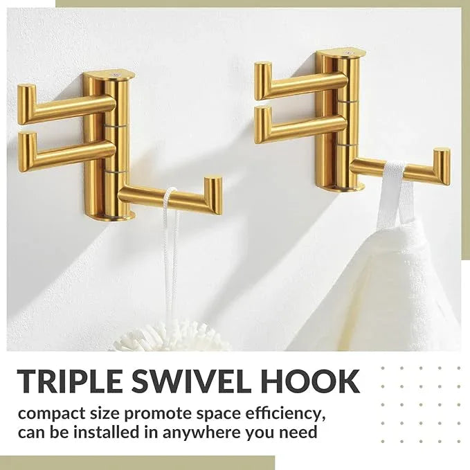 APLusee Brushed Gold Swivel Towel Hook 2 Pack, 304 Stainless Steel Triple Clothes Hook, Wall Mount - ModernBath