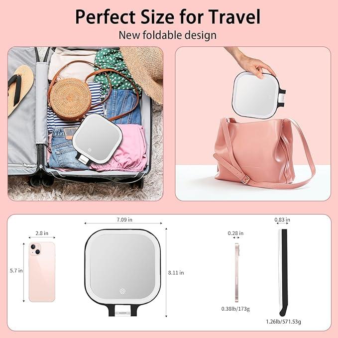 DESCHEN Rechargeable Travel Makeup Vanity Mirror with Lights and Magnification, Portable 1X/10X Magnifying Mirror with 3 Color Light, Lighted Makeup Mirror with Magnification (Black) - ModernBath