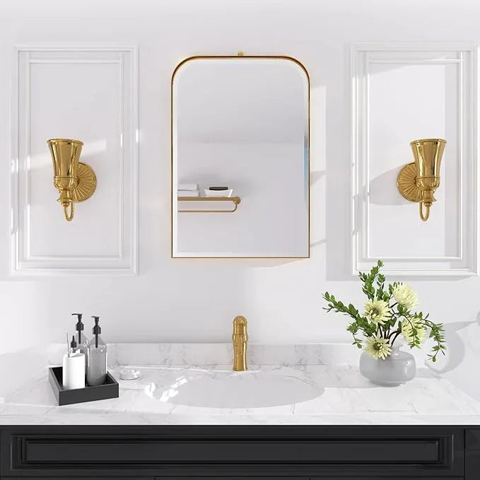 POZINO Brushed Gold Beveled Mirror, 20"x30" Arched Mirror for Over Sink, Rounded Rectangle Mirrors with Stainless Steel Frame, Brass Vanity Wall Mirrors for Bathroom Bedroom Living Room Entryway - ModernBath
