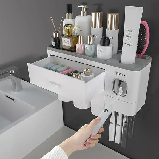 iHave Toothbrush Holders for Bathrooms, 3 Cups Toothbrush Holder Wall Mounted with Toothpaste Dispenser - Large Capacity Tray, Cosmetic Drawer - Bathroom Accessories & Bathroom Organization Storage - ModernBath