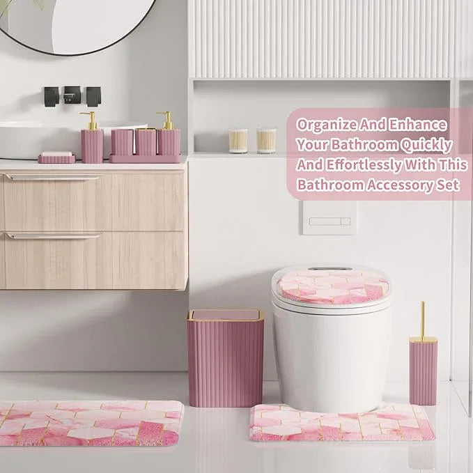 XLHOMO Bathroom Set - 26PC Bathroom Set with Shower Curtain and Rugs, Bathroom Accessory Set, Pink Bathroom Accessories Set, Trash Can & Soap Dispenser - ModernBath