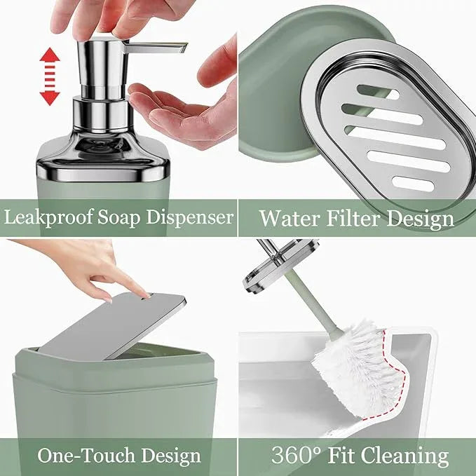 XLHOMO Bathroom Set, Sage Green Bathroom Accessories Set with Press-on Lid Bathroom Trash Can, Soap Dispenser, 10PC Bathroom Accessory Set for Home - ModernBath