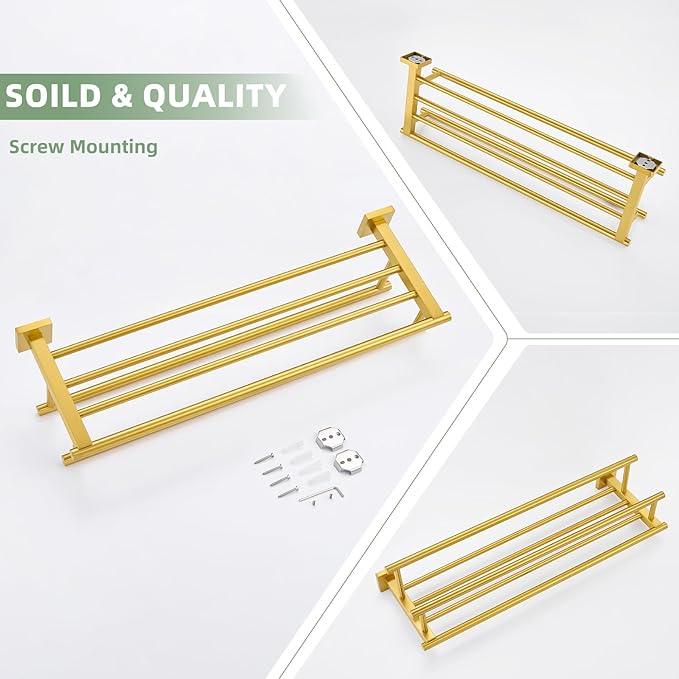 Bathroom Towel Shelf with Holder, Angle Simple SUS304 Stainless Steel Bath Towel Rack with Double Towel Bar, Wall Mount, Brushed Gold 23.62 Inches - ModernBath