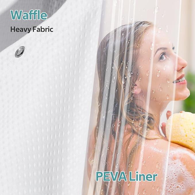 Vipfree 3 in 1 Shower Curtain Set, Waffle Shower Curtain and Liner Set with 6 Double Sided Shower Curtain Hooks, 258GSM Luxury Weighted Cloth Shower Curtains for Bathroom, 36 W x 72 H, White - ModernBath