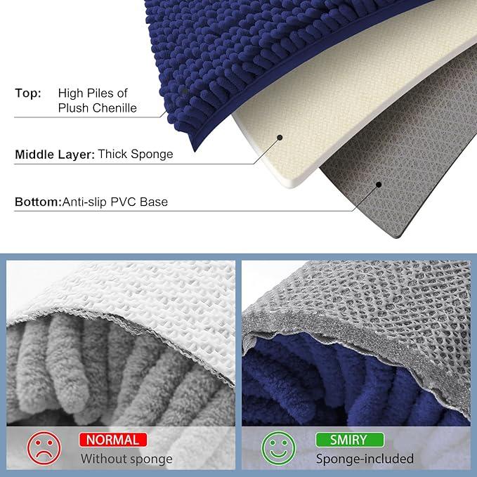 Smiry Luxury Chenille Bathroom Rugs 30x20, Extra Soft and Absorbent Shaggy Bath Mat, Machine Washable, Non-Slip Plush Carpet Runner for Tub, Shower, and Floor, Home Decor Accessories, Deep Blue - ModernBath