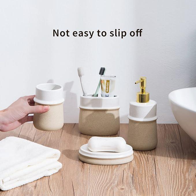 Bathroom Accessories Set,Farmhouse Bathroom Decor,4 Pcs Ceramic Gift Set Apartment Necessities, Contain Toothbrush Cup,Soap Dispenser,Soap Dish,Tumbler,Beige - ModernBath