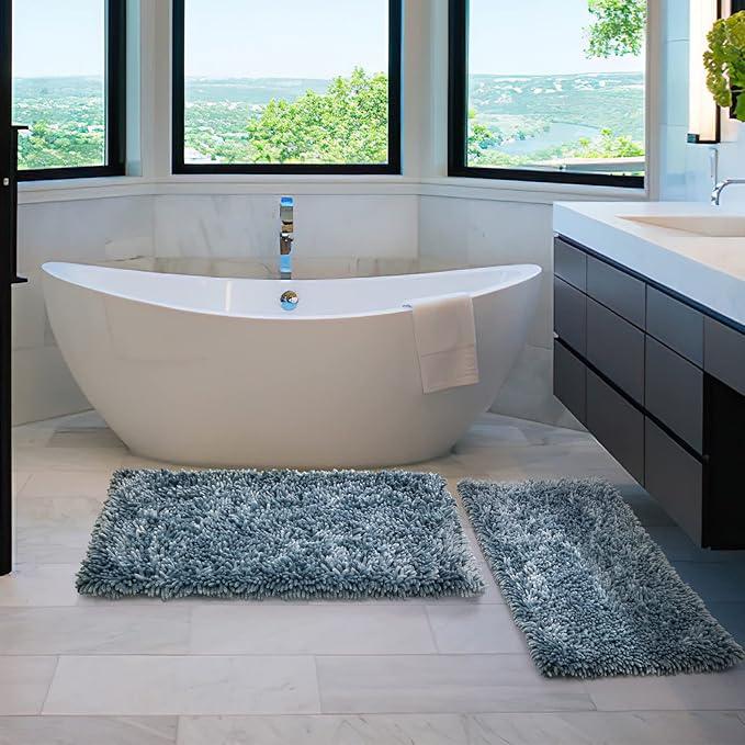 Yimobra Bathroom Rug Set 2 Piece, Luxury Shaggy Bath Mat Set with Non Slip Backing, Ultra Soft & Absorbent Mats for Bathroom Floor, Machine Washable, 44"x24"+24"x17", Light Blue - ModernBath