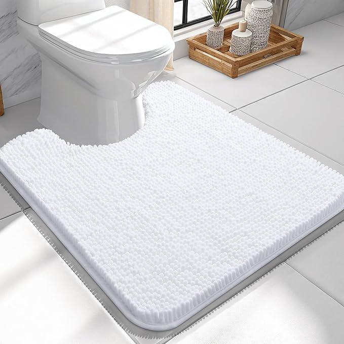 OLANLY Toilet Rugs U-Shaped 24x24, Extra Soft Absorbent Chenille Contour Bathroom Rugs for Toilet, Dry Quickly, Machine Washable, Non-Slip Bath Mat, White - ModernBath