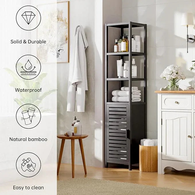 HITNET Bathroom Cabinet Freestanding, Tall Slim Bamboo Storage Cabinet with Shelves and Door, Space Saving Kitchen Cupboard Organizer, Black - ModernBath