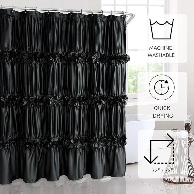 Homechoice Decor Black Ruffle Shower Curtain, Vintage Handcrafted Bow Tie Bath Curtain for Master Bathroom, Ruched Satin Bathroom Curtain with 12 Buttonholes, 72" W x 72" H (LQ-10) - ModernBath