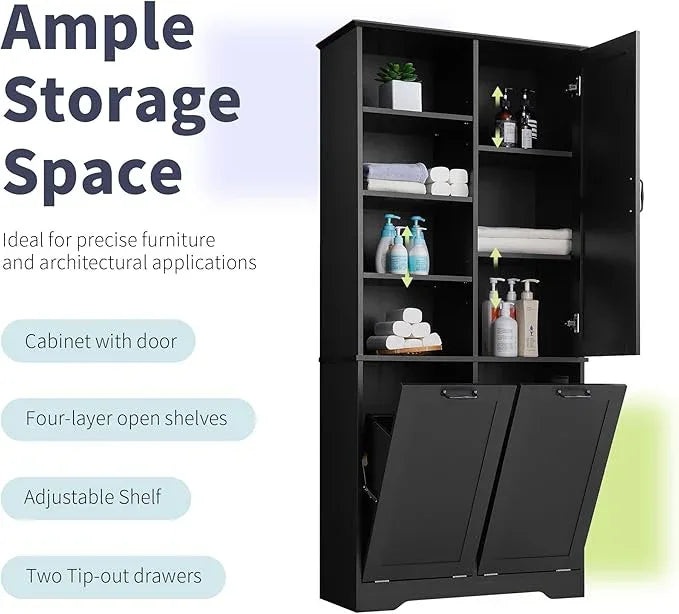Bathroom Storage Cabinet with Doors and Drawers, Tilt-Out Laundry Hamper, Multiple Storage Space, Freestanding Style, Open Shelve, Adjustable Shelf (Black) - ModernBath