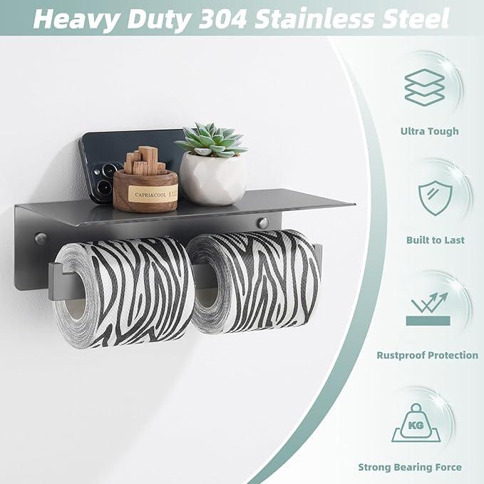 APLusee Gunmetal Gray Double Toilet Paper Holder with Shelf, 304 Stainless Steel Bathroom Tissue Roll Holder, Wall Mounted Paper Dispenser for Bathroom Kitchen, Fits Mega Rolls - ModernBath
