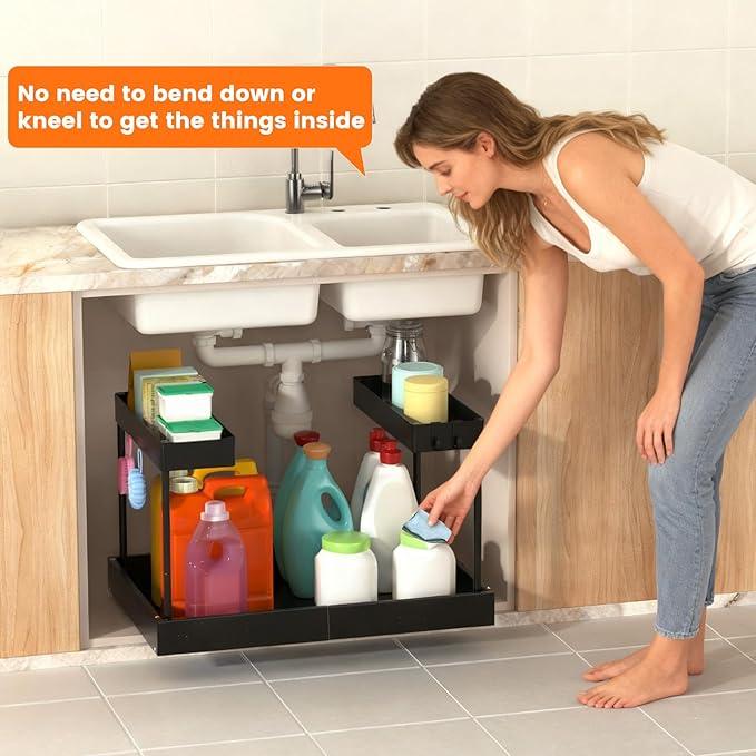 Expandable Under Sink Organizers and Storage,Width Adjustable (14.9-23.6IN),No Drill 2-Tier Pull Out Under Cabinet Organizer for Kitchen Bathroom Laundry (black) - ModernBath