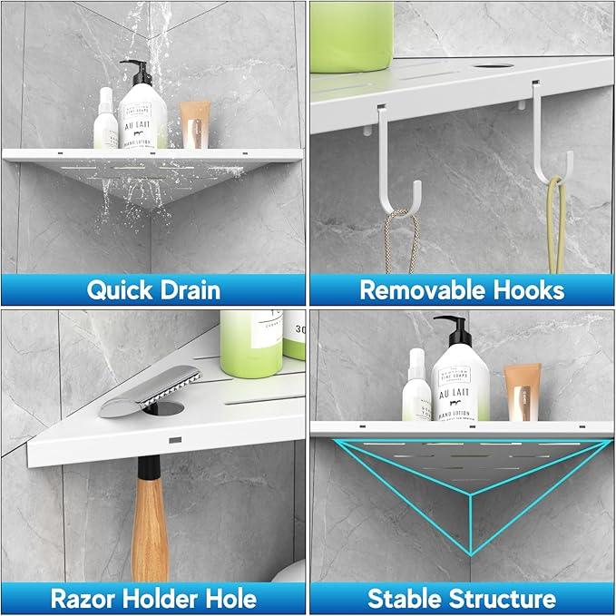 Corner Shower Shelves, 10" White 304 Stainless Steel Recessed Shelf for Bathroom，Grout in Shelf with Hooks for Tiled Wall 2 Pack (White) - ModernBath