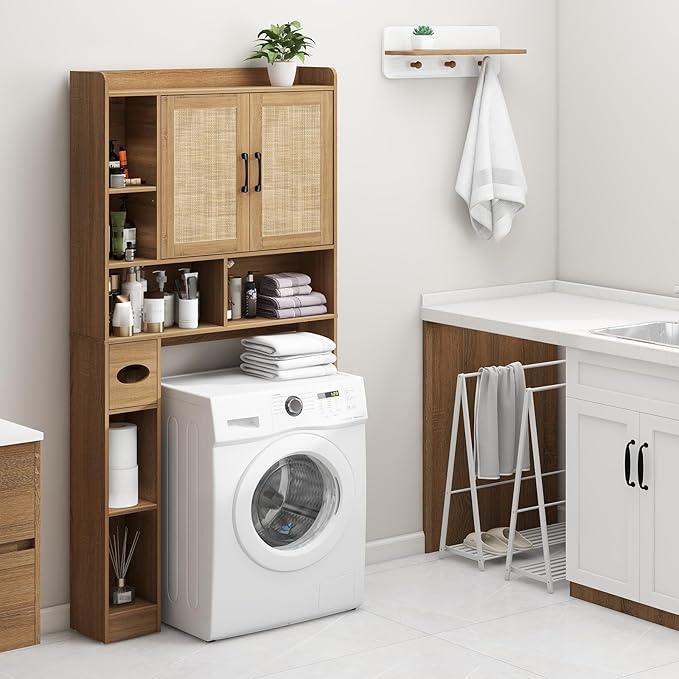 Farmhouse Rattan Storage Cabinet Over Toilet - 2 Door with Toilet Paper Holder - Space-Saving for Bathroom, Oak - ModernBath