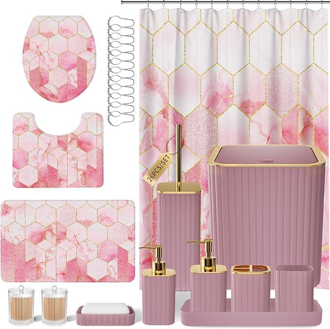 XLHOMO Bathroom Set - 26PC Bathroom Set with Shower Curtain and Rugs, Bathroom Accessory Set, Pink Bathroom Accessories Set, Trash Can & Soap Dispenser - ModernBath