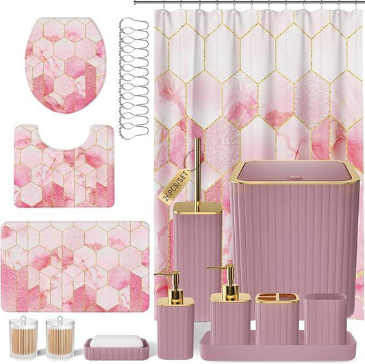 XLHOMO Bathroom Set - 26PC Bathroom Set with Shower Curtain and Rugs, Bathroom Accessory Set, Pink Bathroom Accessories Set, Trash Can & Soap Dispenser - ModernBath