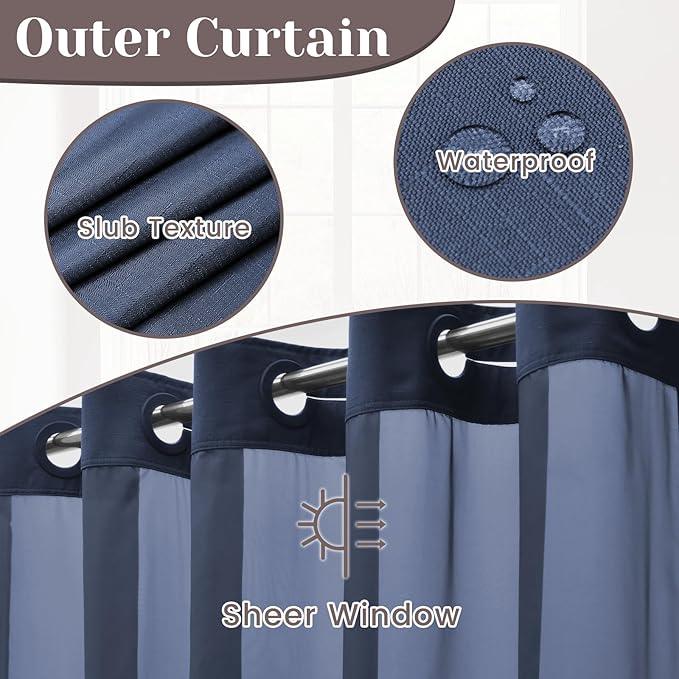 SORTTO No Hook Slub Textured Shower Curtain with Snap in Liner - Navy Fabric Outer Curtain & Waterproof Inner Liner, Hotel Style with See Through Top Window, 71x80 in - ModernBath