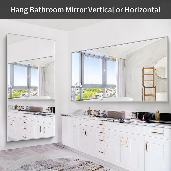 COFENY 36x72inch Bathroom Mirror, Silver Rectangle Mirror with Thin Metal Frame, Large Rectangular Wall Mirrors for Bathroom, Living Roomm, Hair Salon, Big Farmehouse Mirror Hang Horizontal/Vertical - ModernBath