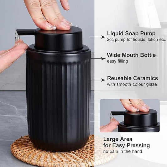 BosilunLife Dish Hand Soap Dispenser - Black Liquid Pump Soap Dispenser for Bathroom Decro 12oz Ceramic Kitchen Dish Dispenser with Rust-Proof Liquid Pump Modern Refillable Lotion Bottles - ModernBath