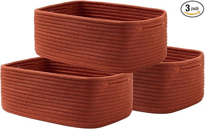 Small Woven Basket, 13.5 x 9.5 x 5 Inches, Storage Basket for Organizing, Cute Small Rope Shelf Closet Cube Storage Bins Baskets for Shelves, Dog Toy Gift Baskets Empty, 3 Pack Rust Red - ModernBath
