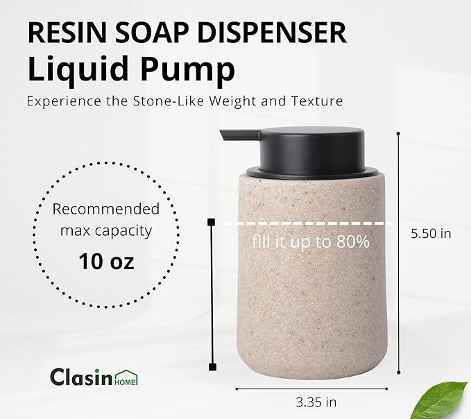 Clasin Home Beige Bathroom Accessories Set, 3 Pcs Resin Bathroom Accessories Complete Set, Sandstone Look Soap Dispenser with Large Pump, Toothbrush Cup, Soap Dish for Modern Home Decor and Kitchen - ModernBath