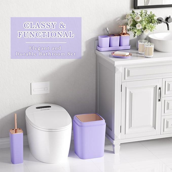 XLHOMO 9-Piece Bathroom Accessories Set, Purple Bathroom Accessories Sets Complete with Trash Can,Tray,Soap Dispenser,Toothbrush Holder,Toothbrush Cup,Soap Dish,Toilet Brush and Q-tip Holders - ModernBath