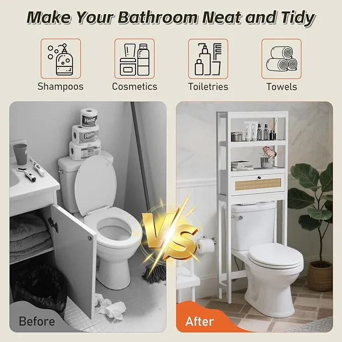 Over The Toilet Storage Cabinet, Behind Toilet Bathroom Organizer with Adjustable Shelves, Above Toilet Organizers with Rattan Door, Space Saver for Restroom, Bathroom, Laundry - ModernBath