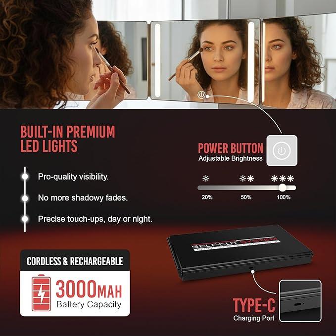 Self-Cut System 3 Way Mirror with LED Lights – Trifold Self Cut Barber Mirror for Men and Women, 360 View for Easy Haircuts, Travel Friendly - Three Way Design for Grooming and Styling - ModernBath