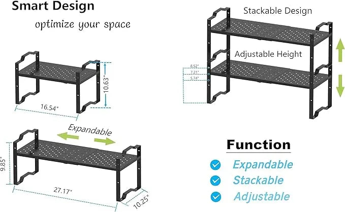 Jojocross Expandable Shelf for Cabinet Organizer Adjustable Stackable Spice Rack at Kitchen and Bathroom More,Metal Plate with Hole (2 Packs/Black, Large) - ModernBath