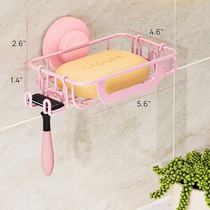 LEVERLOC Soap Holder Dish with Hooks for Shower, Bar Suction Cup Soap Tray Wall Mounted, Rustproof Stainless Steel Sponge Holder Caddy for Bathroom Bathtub Kitchen Sink, Pink - ModernBath
