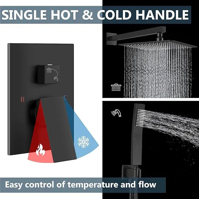 Aolemi Shower Faucet Set Rain Shower System with Handheld Spray Bathroom Shower Combo Rough-in Valve and Shower Trim Kit Included Matte Black 16 Inch Wall Mount Shower Head - ModernBath