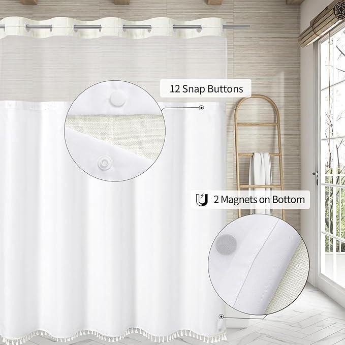 MitoVilla No Hooks Required Farmhouse Shower Curtain with Snap-in Liner - with Window & Magnets, Boho Cotton Linen Fabric Shower Curtains with Tassels for Rustic Bathroom Decor, Ivory, 72 x 74 - ModernBath