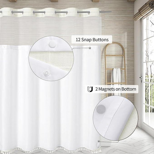 MitoVilla No Hooks Required Farmhouse Shower Curtain with Snap-in Liner - with Window & Magnets, Boho Cotton Linen Fabric Shower Curtains with Tassels for Rustic Bathroom Decor, Ivory, 72 x 74 - ModernBath