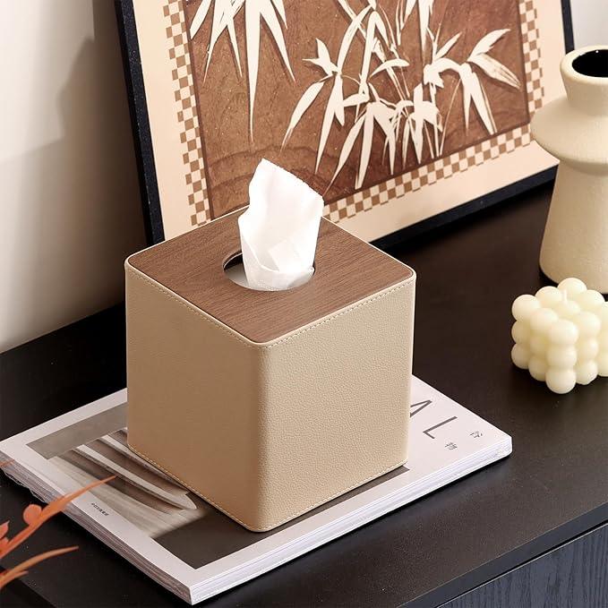 WUUAHOME Tissue Box Cover Square, Modern Leather Tissue Box Holder, Decorative Facial Tissue Paper Dispenser for Home Decor, Living Room, Hotel, Office, Restaurant, Cafe (Light Brown) - ModernBath
