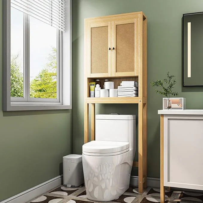 knoworld Rattan Over The Toilet Storage Cabinet, Above Toilet Bathroom Organizer with Adjustable Shelf, Behind Toilet Cabinet, Space Saver for Restroom, Bathroom, Laundry, Wood Rack, Natural - ModernBath