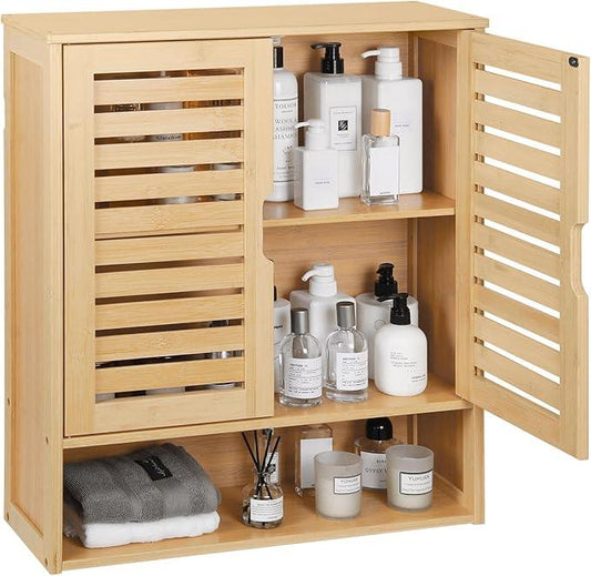 HYNAWIN Bathroom Wall-Mounted Medicine Cabinet - Over-The-Toilet Floating Bamboo Storage Organizer with Adjustable Shelf, Space-Saving for Kitchen, and Living Room - ModernBath