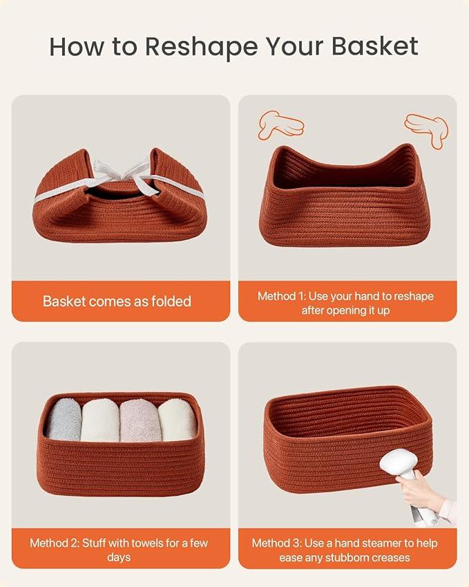 Small Woven Basket, 12 x 8 x 4.5 Inches, Storage Basket for Organizing, Cute Small Rope Shelf Closet Cube Storage Bins Baskets for Shelves, Dog Toy Gift Baskets Empty, 3 Pack Rust Red - ModernBath