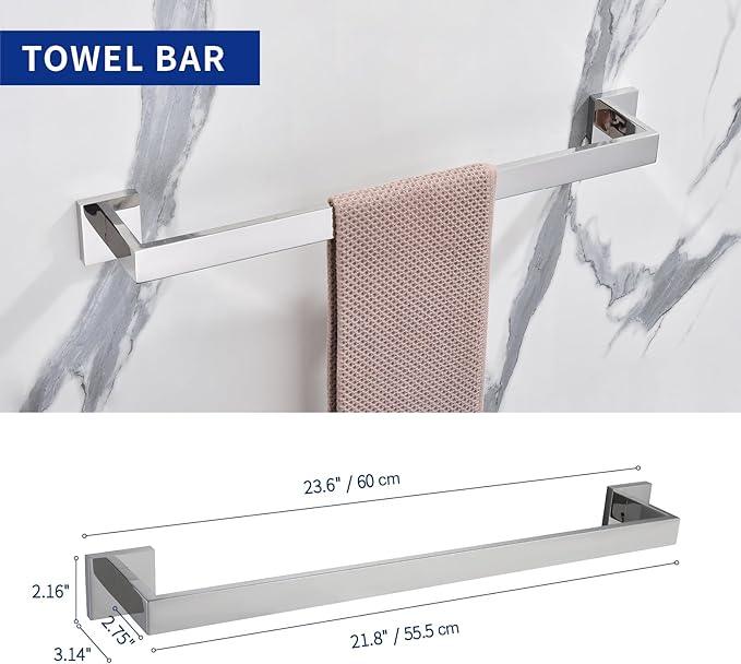 TASTOS 5-Piece Bathroom Hardware Set Wall Mounted Bathroom Accessory Set, Premium Stainless Steel Robe Hook Toilet Paper Holder 24-Inch Towel Bar (Polished) - ModernBath