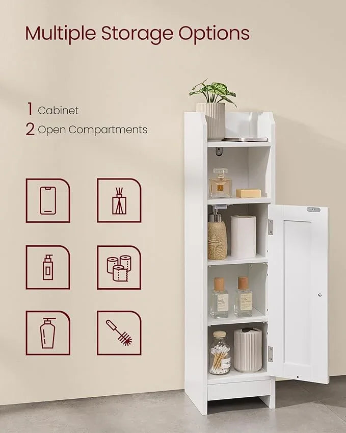 VASAGLE Small Storage Corner Floor Cabinet with Door, 7.9 x 7.1 x 31.5 Inches, Narrow Toilet Paper Storage Holder, Adjustable Shelves, for Bathroom, Living Room, Small Spaces, Cloud White UBBC310W01 - ModernBath