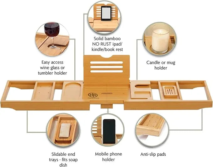 Bamboo Bathtub Caddy Tray Expandable & Foldable Bath Shelf with Book, Tablet & Wine Holder Adjustable Wooden Bath Tray for Relaxing Spa at Home – Fits Most Tub Sizes. - ModernBath