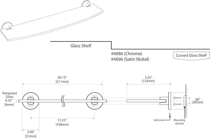 Gatco 4686 Channel Glass Shelf, Chrome/Wall Mounted 20.13" X 5.25" Tempered/Floating Rectangle Glass Shelf for Bathroom - ModernBath