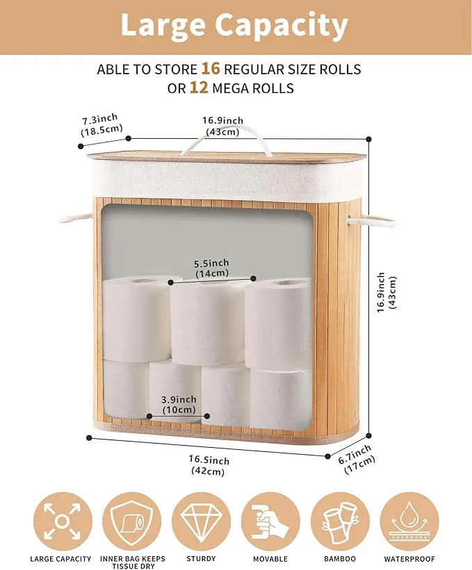Bamboo Toilet Paper Storage with Lid & Handel, 8 Gallons (30L), Sturdy Toilet Paper Basket, Organizer for Bathroom, Kitchen, Holder with Storage, Natural - ModernBath