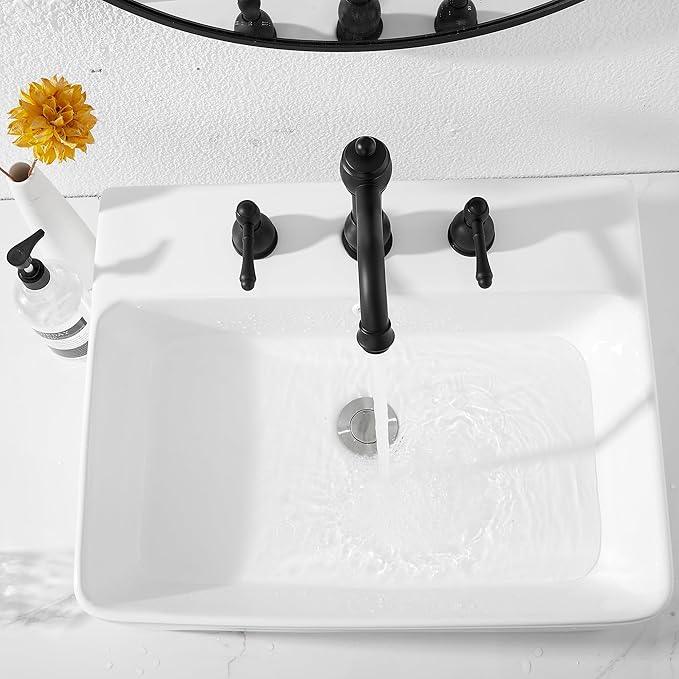 GGStudy 2 Handles 3 Holes Faucet Widespread Bathroom Sink Faucet Basin Tap Mixer Supply Hose Included Matching Pop Up Drain Matte Black - ModernBath