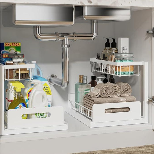 REALINN Under Sink Organizer, Pull Out Cabinet Organizer 2 Tier Slide Out Sink Shelf Cabinet Storage Shelves, Storage for Kitchen Bathroom, White, 2 Pack - ModernBath