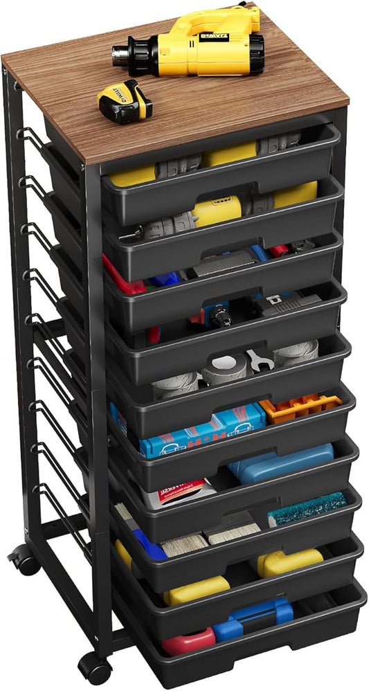Rolling Cart with Drawers,10 Drawer Rolling Cart,Rolling storage cart with drawers,Black Rolling Drawer Cart,Teacher Rolling Cart for Classroom Storage,Craft Cart with Wooden Tabletop